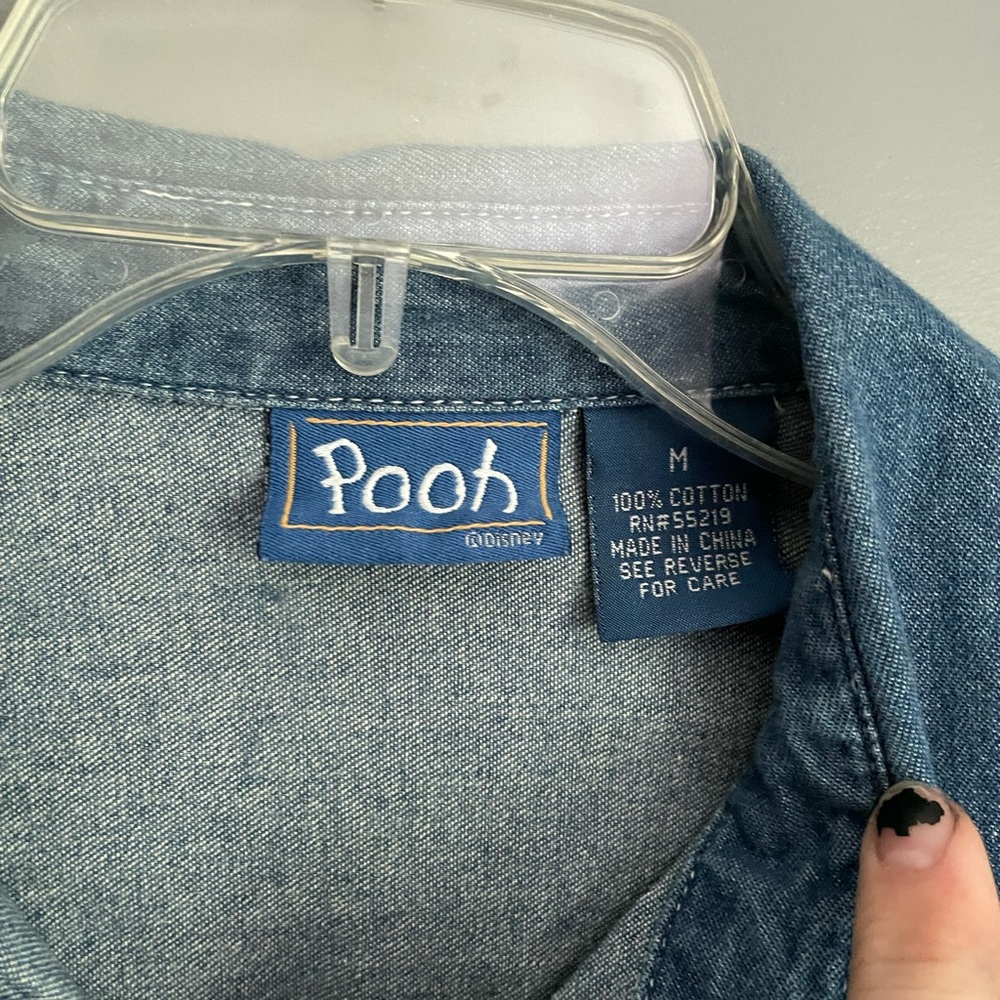 Vintage 90s Disney Pooh Bear Distressed Denim Jean Button Down Shirt Size Medium - Picture 3 of 5